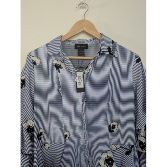 GRACIA Blue Stripe Floral Ruffle Sleeve Asymmetrical Shirt L Bold Statement Glam - Picture 9 of 11